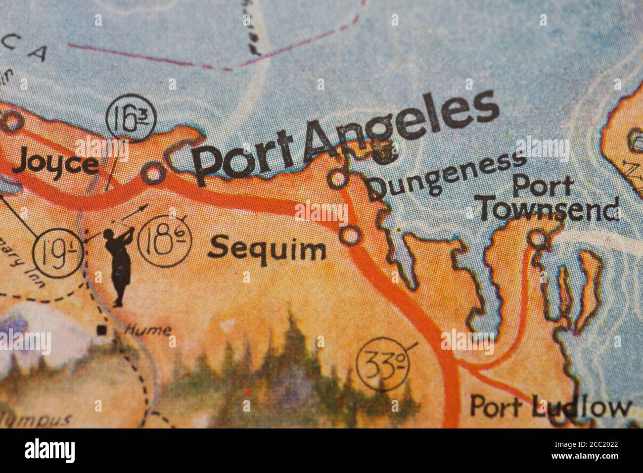 Detail einer Vintage-Karte mit einem Schwerpunkt auf Port Angeles, Washington, USA. Stockfoto