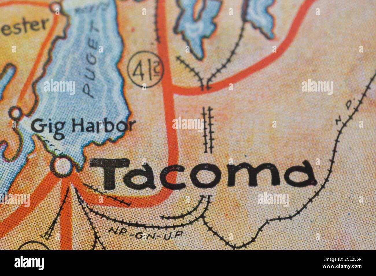 Detail einer alten Karte, die Tacoma, Washington, USA, hervorhebt. Stockfoto