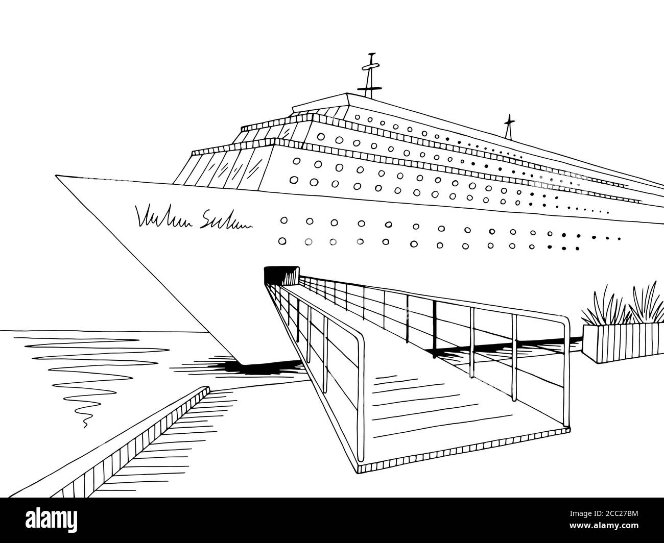 Kreuzfahrtschiff Grafik schwarz weiß Landschaft Skizze Illustration Vektor Stock Vektor