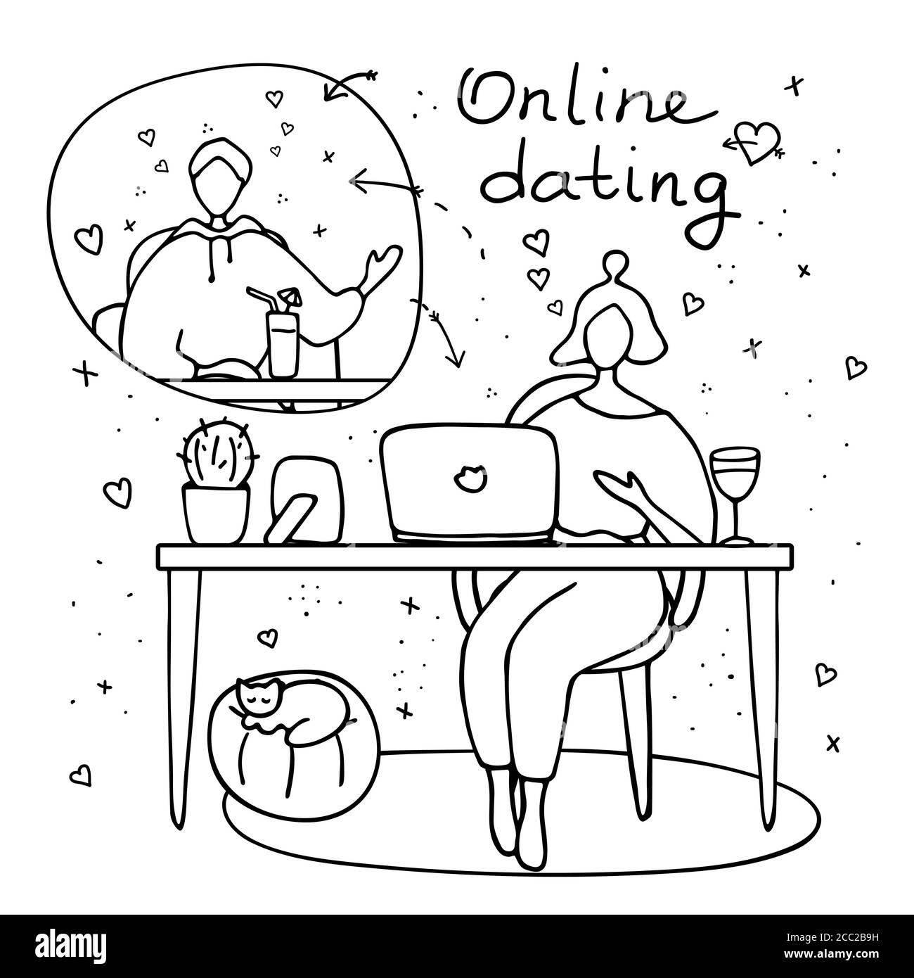Heterosexuelles Paar chattet online während einer Pandemie. Mann und Frau flirten online auf Dating-Website. Virtuelles Dating-Konzept. Lineare Vektordarstellung Stock Vektor
