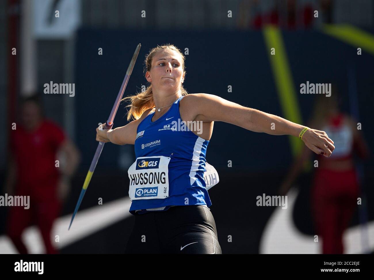 Braunschweig, Deutschland. August 2020. Gewinnerin Christin HUSSONG, 1. Platz, LAZ Zweibrücken, Action, Damen-Speer, am 08.08.2020 Deutsche Leichtathletik-Meisterschaften 2020, ab 08.08. - 09.08.2020 in Braunschweig/Deutschland. Â Nutzung weltweit Credit: dpa/Alamy Live News Stockfoto