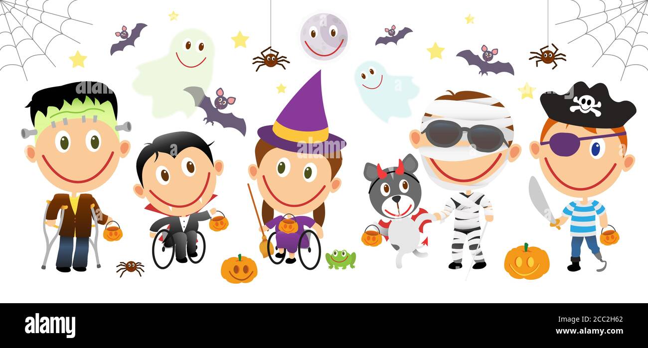 Gruppe behinderter Kinder in halloween Kostümen. Verschiedene Behinderungen, Rollstuhlkinder, blindes Kind, amputierte Junge. Vektorgrafik Zeichen se Stock Vektor