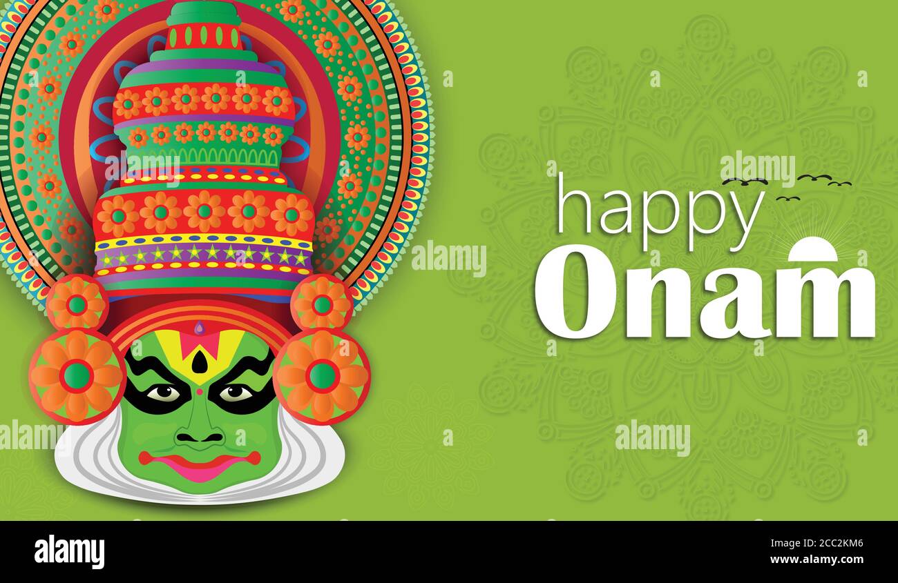 Happy Onam ein sehr berühmtes südindisches Festival von Indien. Kathakali Gesicht Vektor Design ein klassischer Tanz von Kerala Indien Stock Vektor