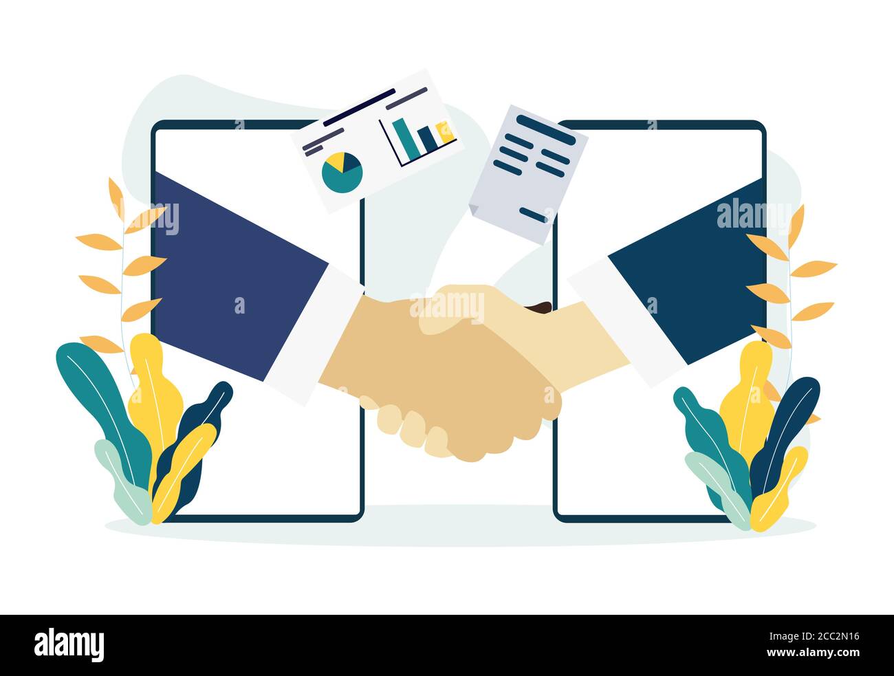Menschen schütteln die Hände durch Handy-Bildschirme. Handshake, Partnerschaft oder Business Success Agreement Illustration Stock Vektor
