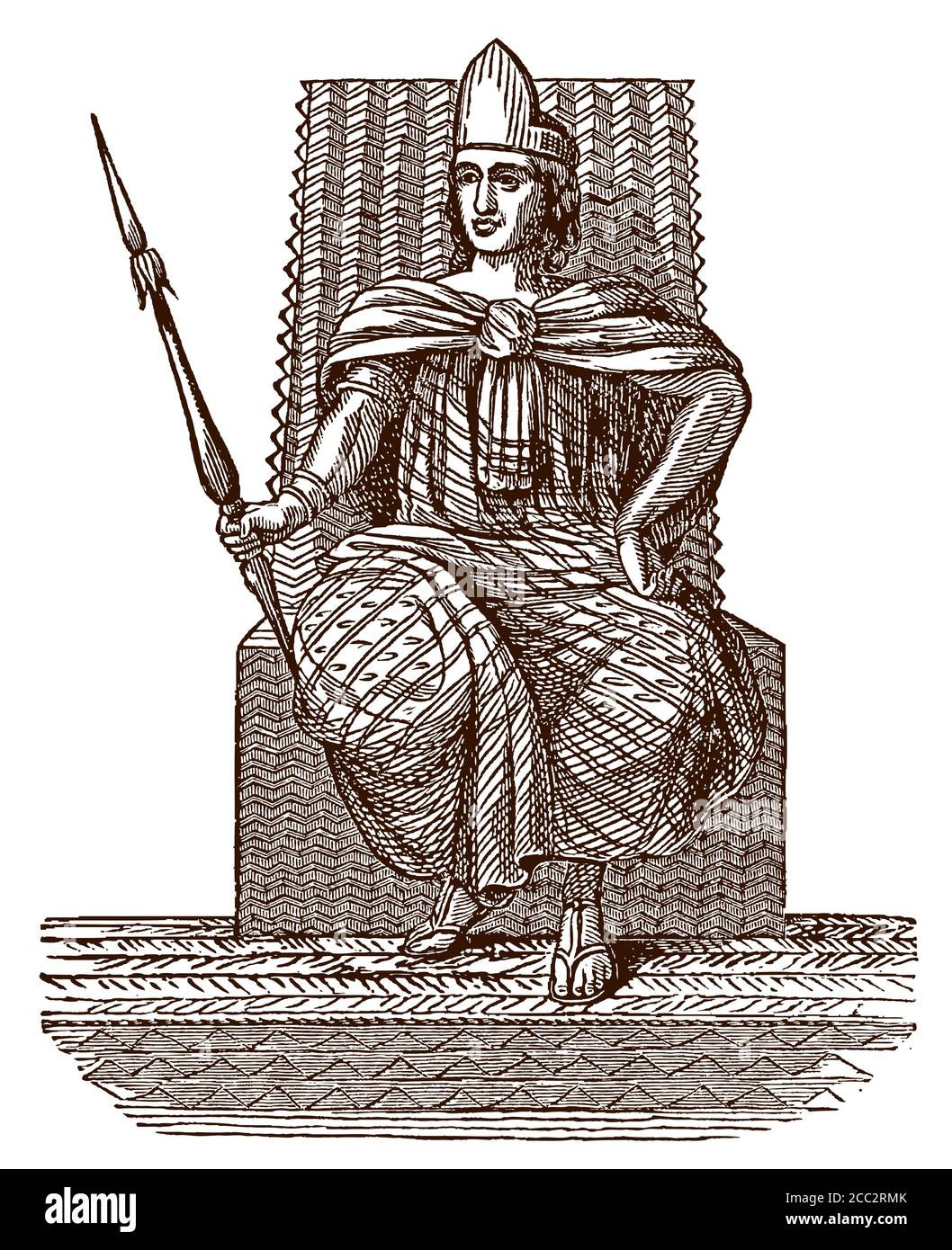 Montezuma II., der historische aztekische Herrscher von Tenochtitlan sitzt auf seinem Thron und hält einen Speer. Illustration nach einem antiken Stich Stock Vektor