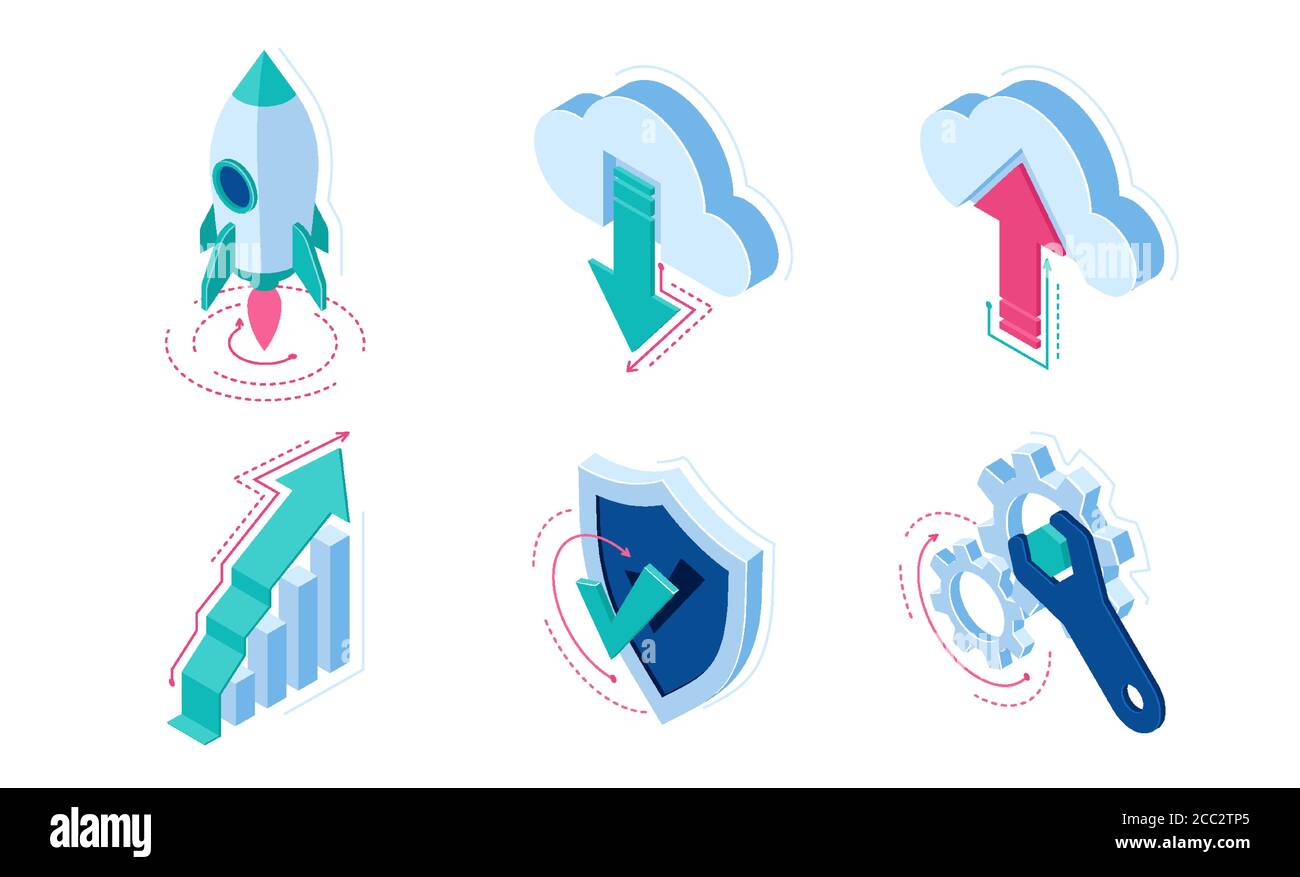 Isometrische Symbole Rakete starten, Wolke herunterladen oder Daten hochladen, wachsen Pfeilsäule Diagramm, Schild mit Häkchen und Schlüssel mit Zahnrädern. Infografiken-Elemente für Website-Design, 3d-Vektor isoliert gesetzt Stock Vektor