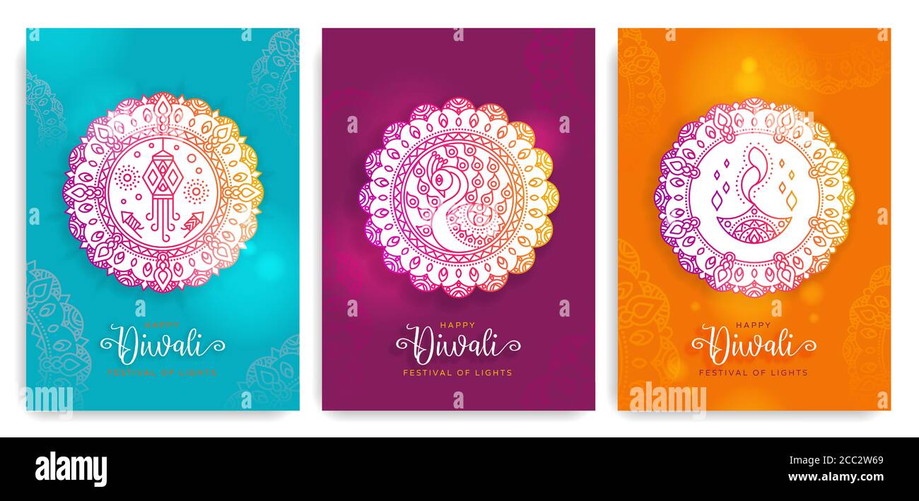 Happy Diwali, Deepavali Festival der Lichter. Indische Urlaub Illustration, Abzeichen, Rangoli Grafik-Design. Stock Vektor