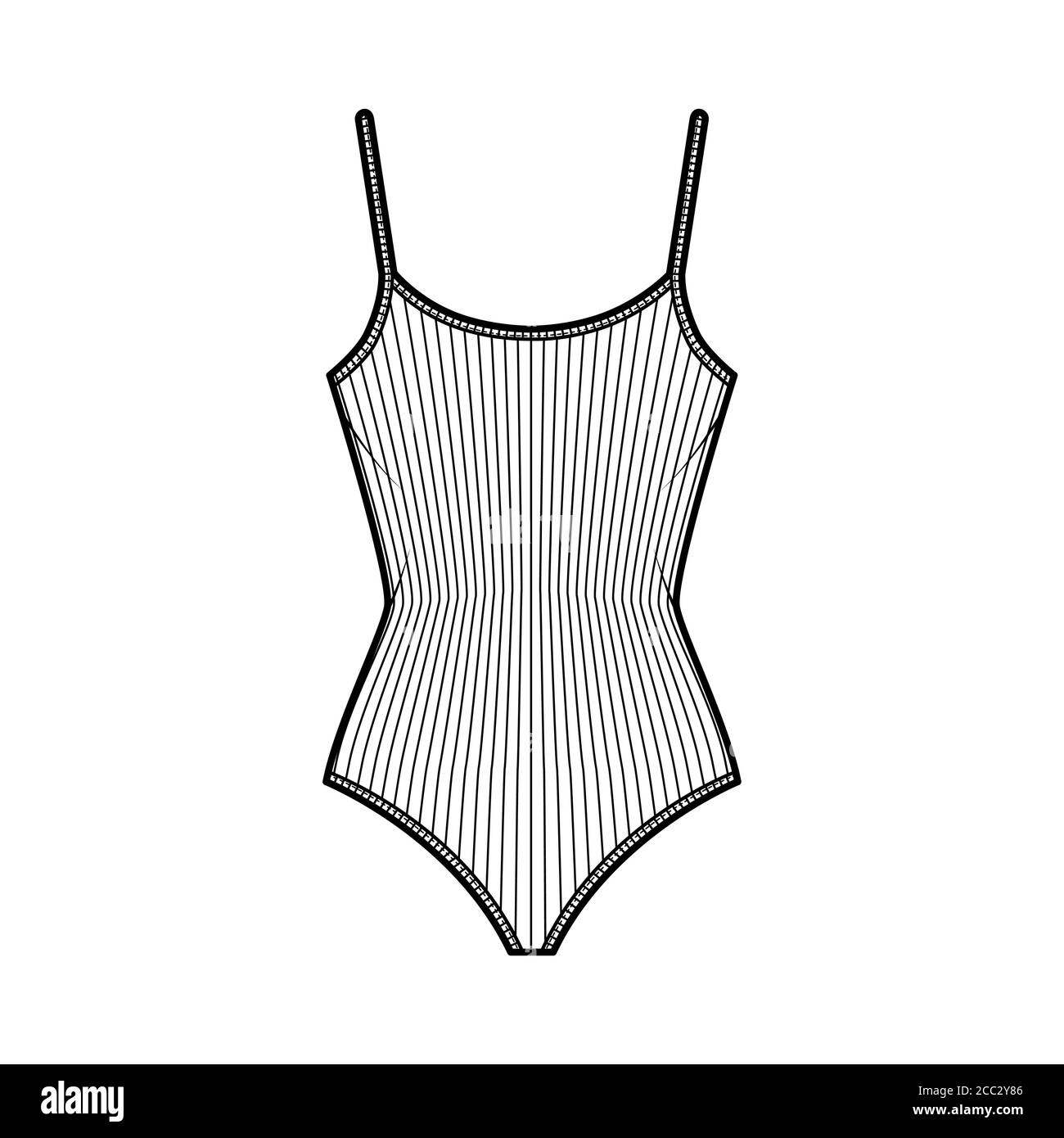 Body aus geripptem Baumwoll-Jersey-Tank mit technischer Fashion-Illustration mit taillierter Strickbody, ärmellos. Flach außen Cami Bekleidungsvorlage vorne, weiß. Damen Herren Unisex TOP CAD Mockup. Stock Vektor