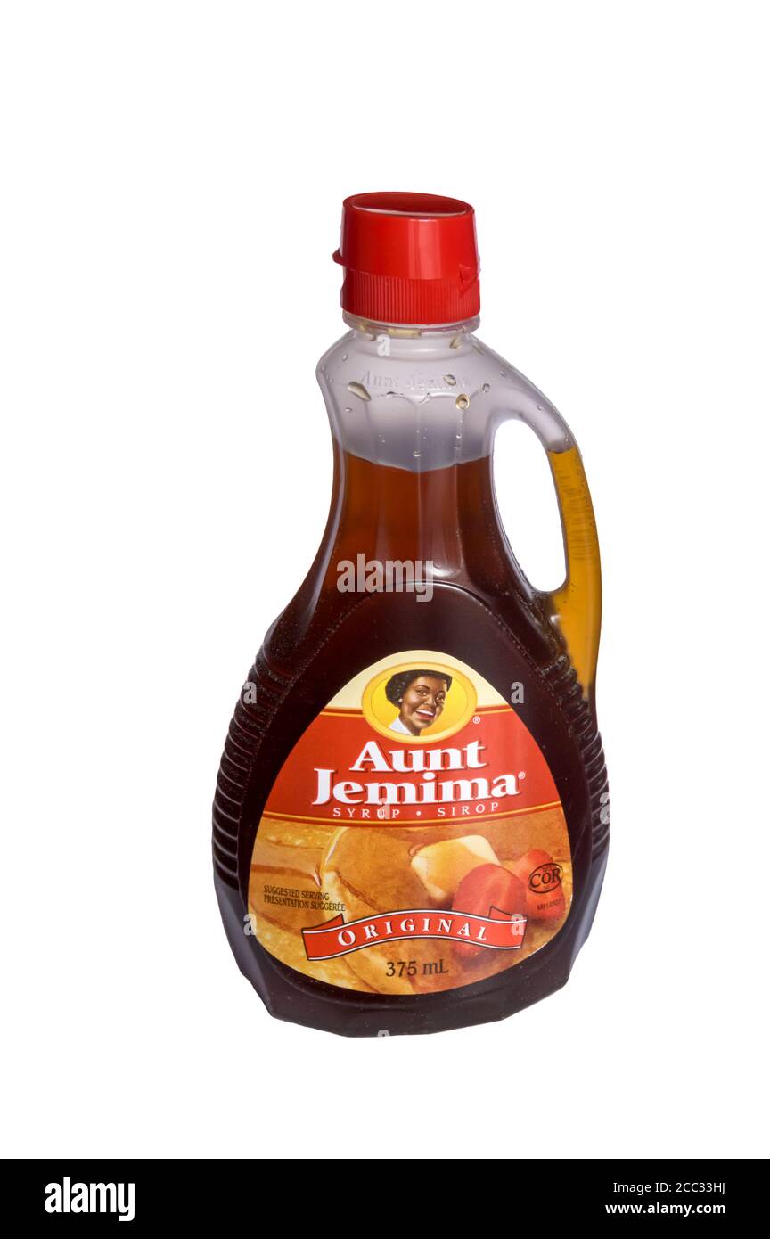 Eine Flasche Tante Jemima Sirup, mit der Tante Jemima Charakter, wurde von einigen als glorifiziert ein südliches Plantagenleben der Sklaverei beschrieben. Stockfoto