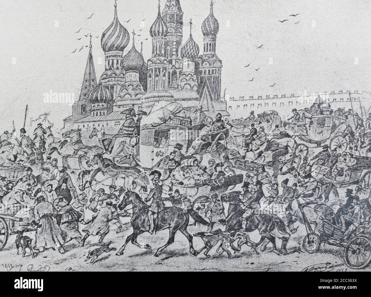 Flucht der Einwohner von Moskau vor der Invasion Napoleons. Der Stich des 19. Jahrhunderts. Stockfoto