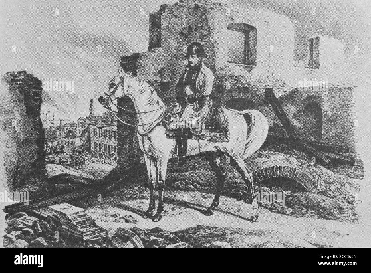 Napoleon bei einem Brand im Jahr 1812. Der Stich des 19. Jahrhunderts. Stockfoto