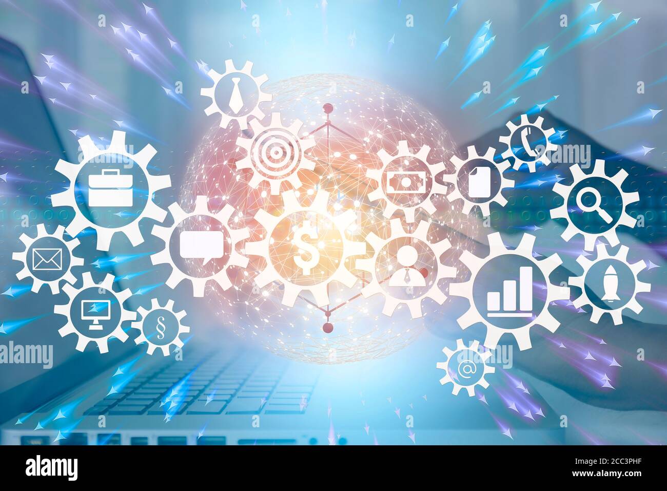 Lifestyle und Technologie Konzept Nahaufnahme Mann Hände mit Tablet, Laptop und Social Media Web-Chart Hintergrund. Mann Hände verwenden Computer Netzwerk verbinden Stockfoto