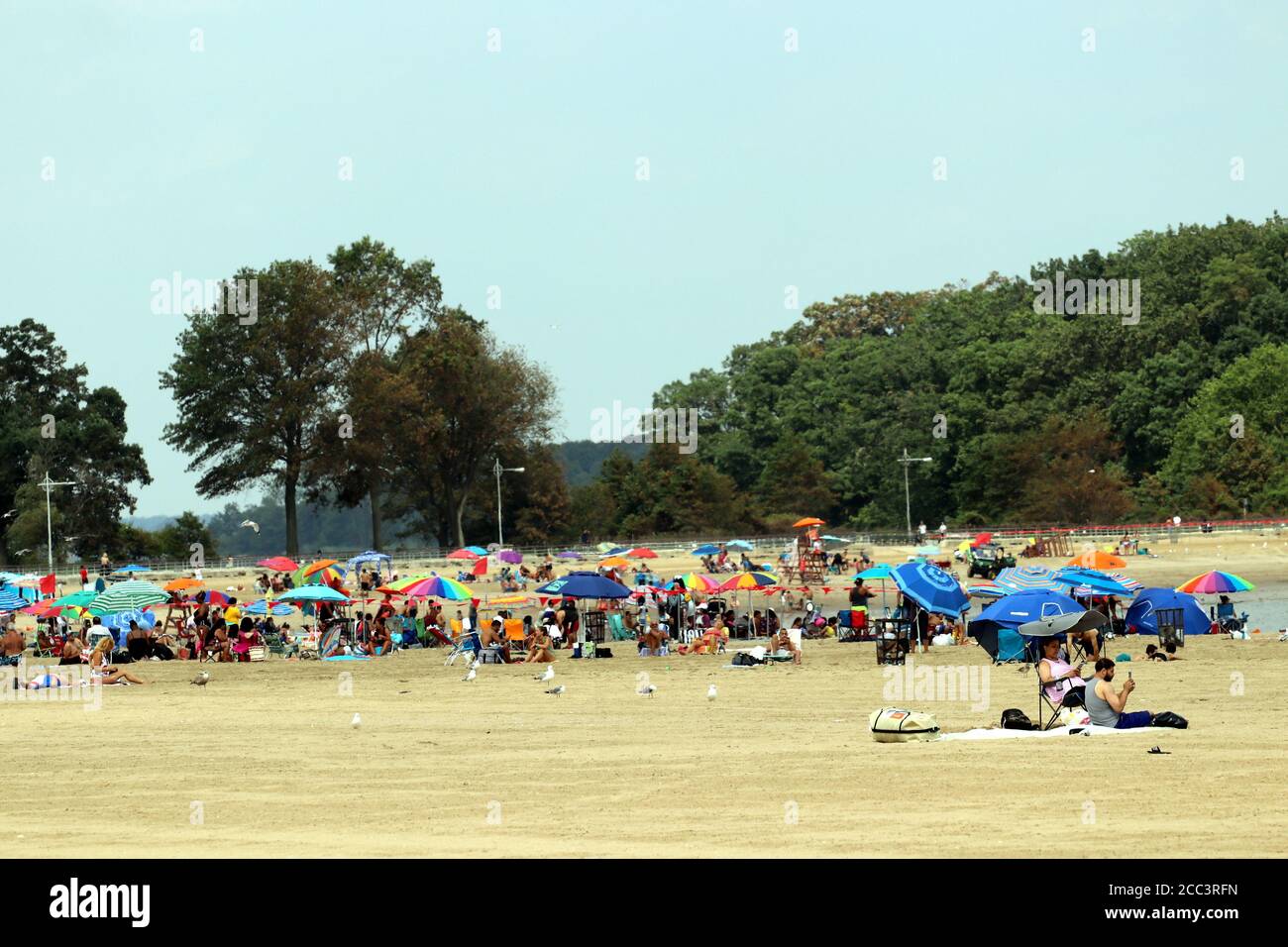 New York City, New York, USA. August 2020. Bronx Bewohner unterwegs genießen einen brillanten Sommertag beim Einkaufen, genießen den Park oder entspannen am Strand am 17. August, 2020. Abgebildet ist Aktivität am Orchard Beach, der Bronx Riviera. Quelle: G. Ronald Lopez/ZUMA Wire/Alamy Live News Stockfoto