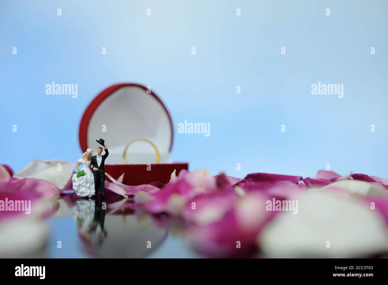 Miniatur-Fotografie im Freien Hochzeit Konzept, Braut und Bräutigam zu Fuß vor der geöffneten Ring-Box auf rot weiß Rose Blumenstapel Stockfoto