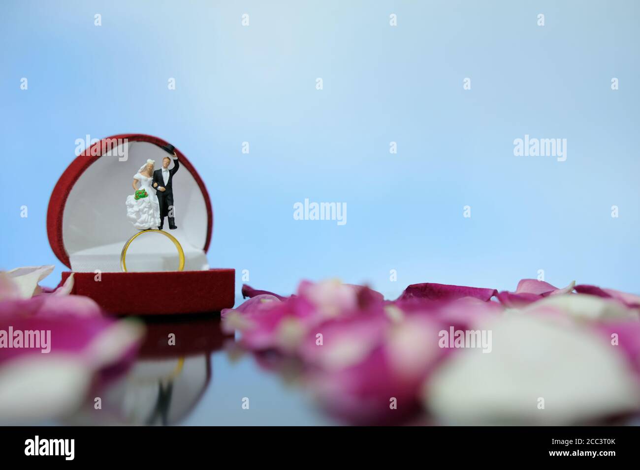 Miniaturfotografie Outdoor Ehe Hochzeitskonzept, Braut und Bräutigam stehen über geöffneten Ring Box auf rot weiß Rose Blumenstapel Stockfoto