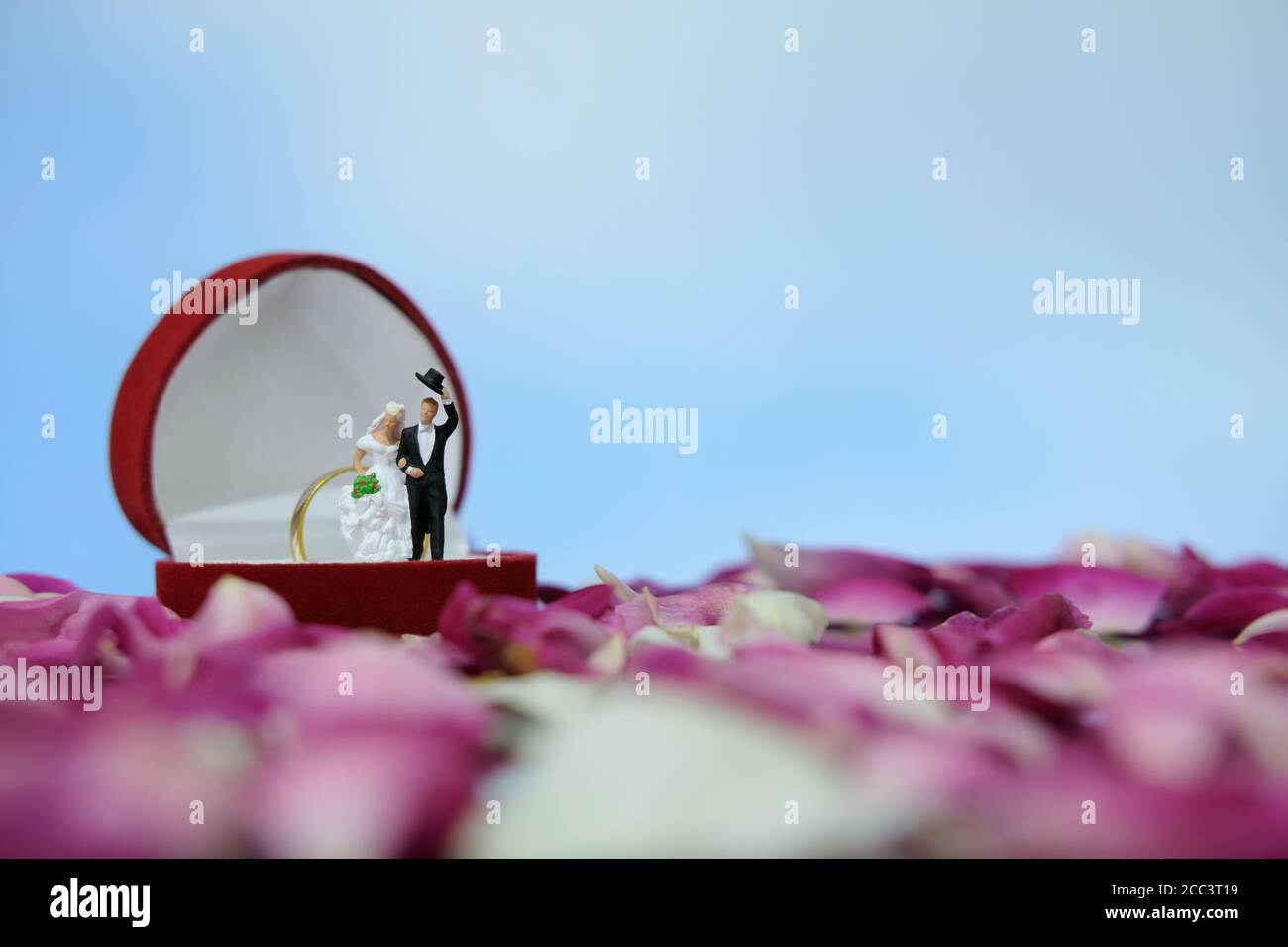 Miniaturfotografie Outdoor Ehe Hochzeitskonzept, Braut und Bräutigam stehen über geöffneten Ring Box auf rot weiß Rose Blumenstapel Stockfoto
