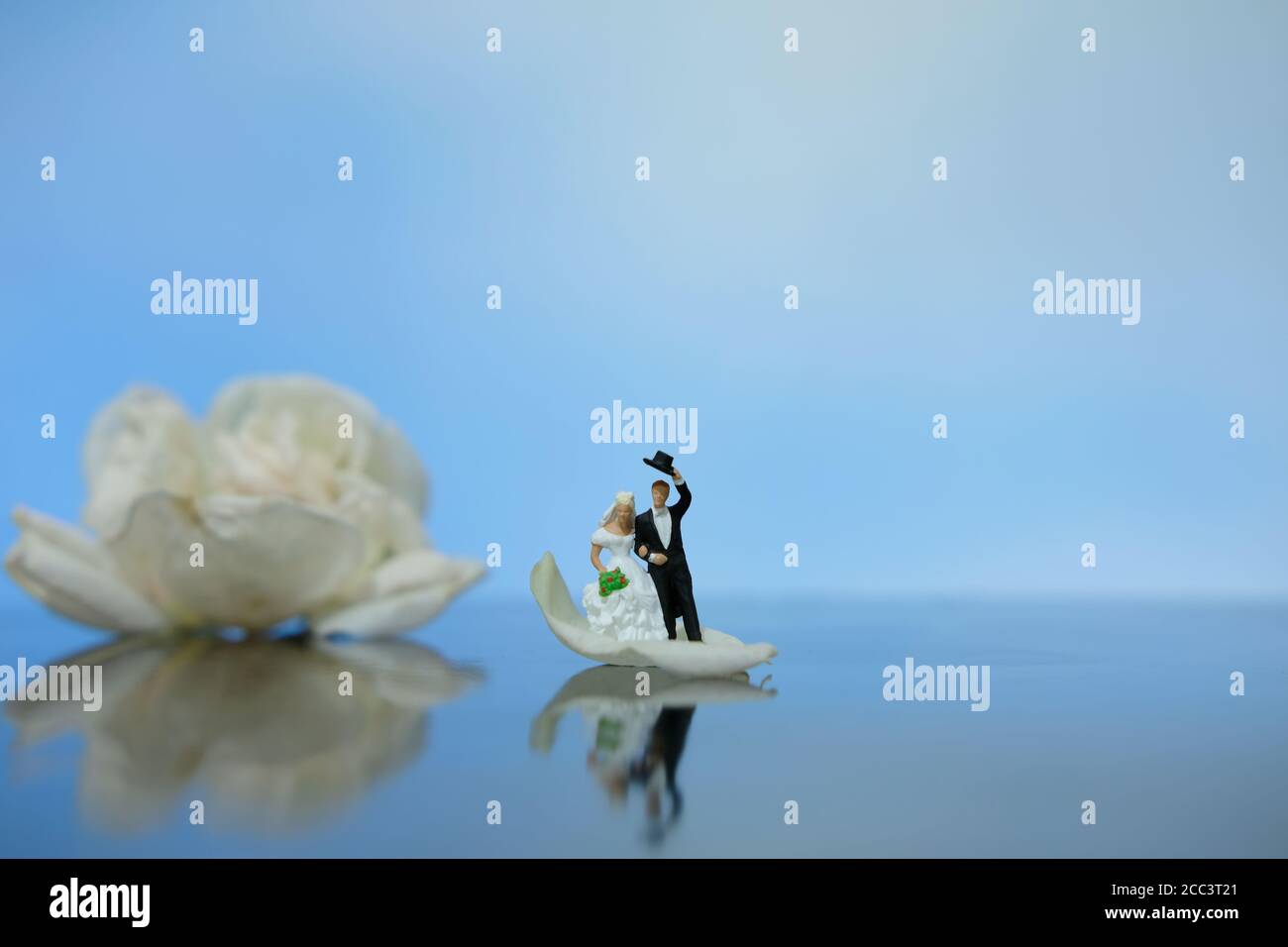 Miniaturfotografie Outdoor Hochzeitskonzept, Braut und Bräutigam zu Fuß auf rot weißen Rosenblüten Haufen Stockfoto