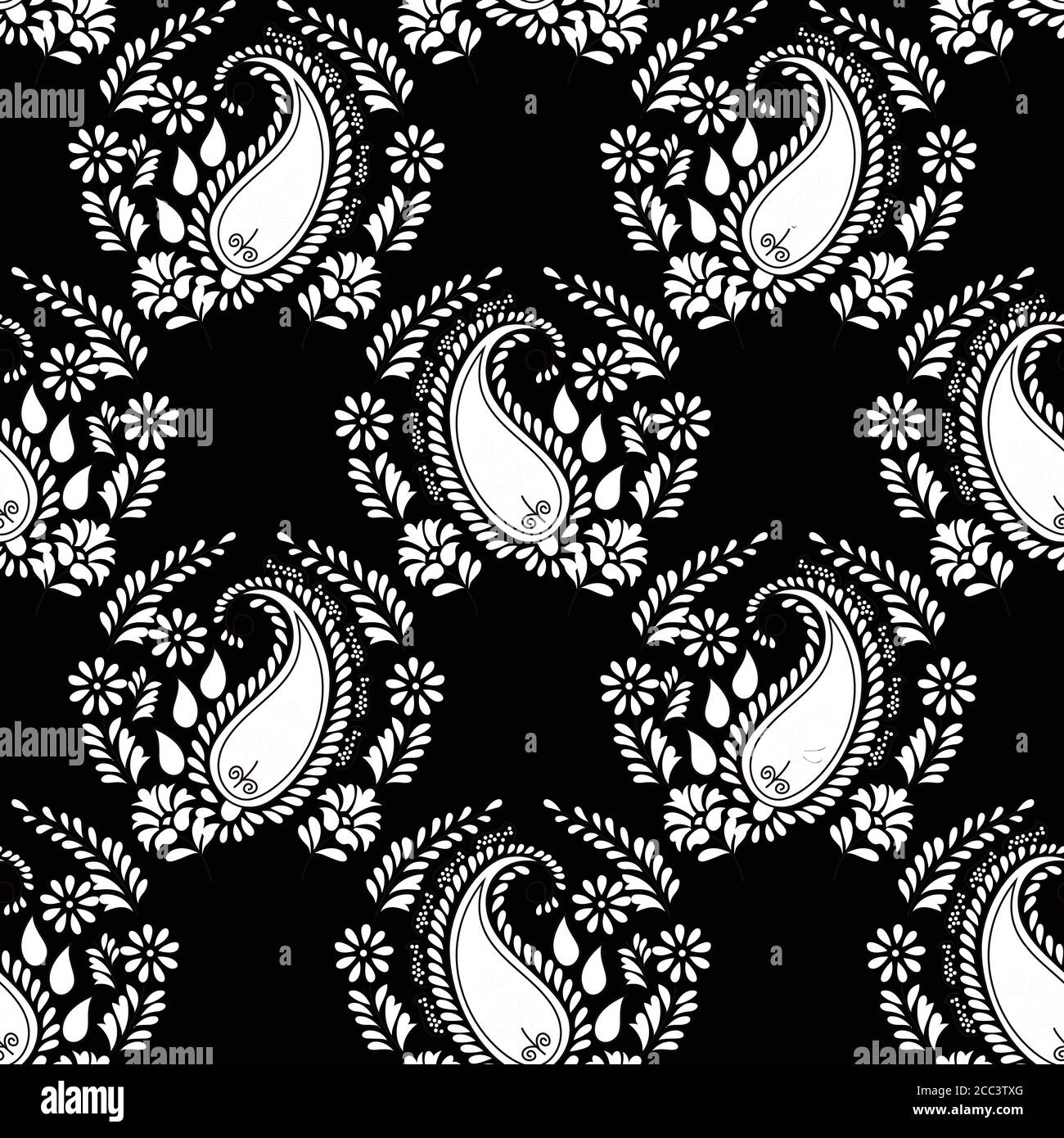 Nahtlose Paisley Blume Design-Muster auf schwarzem und weißem Hintergrund Stock Vektor