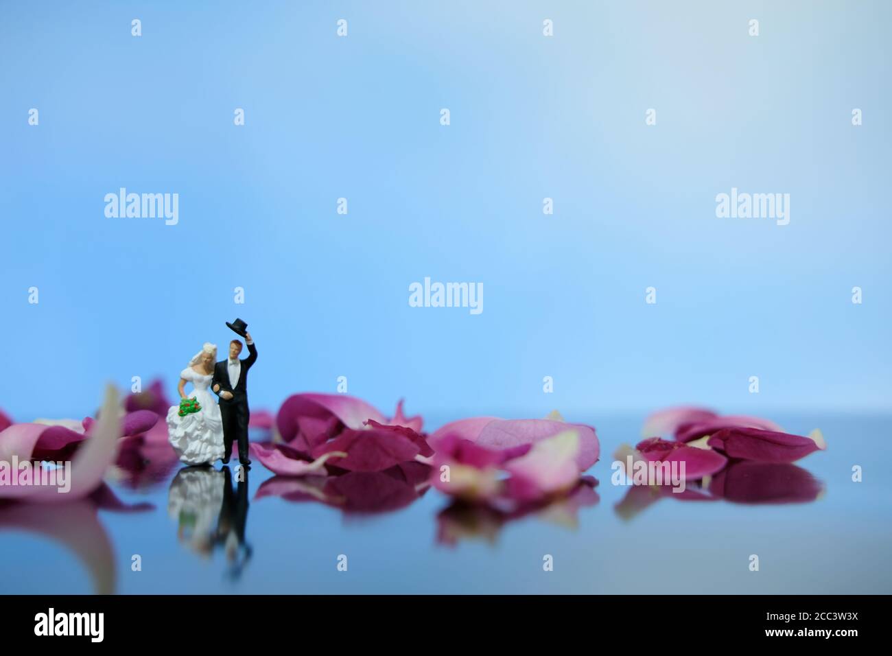 Miniatur-Fotografie im Freien Hochzeit Konzept, Braut und Bräutigam zu Fuß auf roten Rosenblüten Haufen Stockfoto