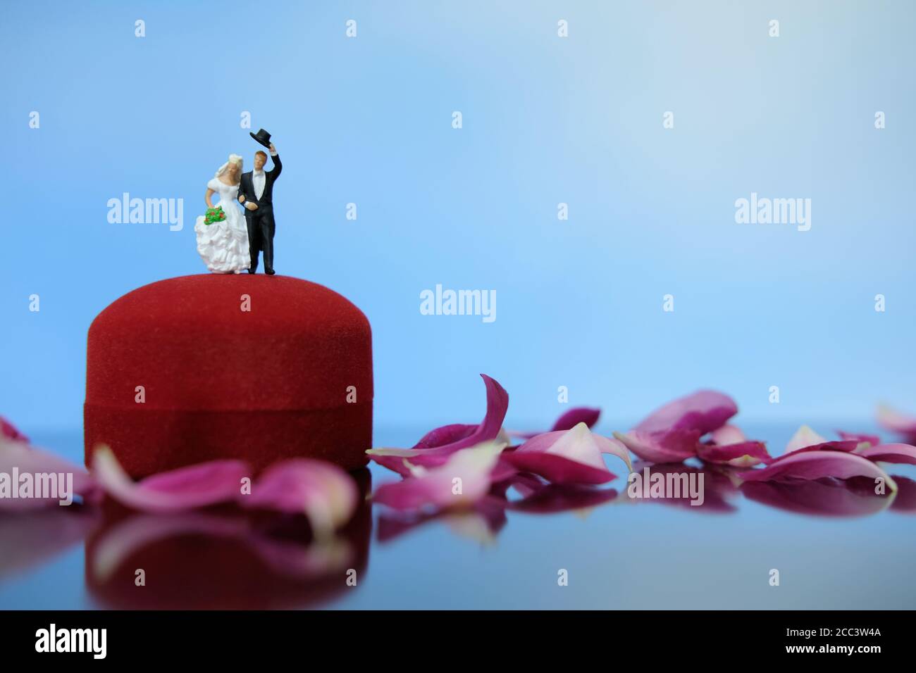Miniatur-Fotografie im Freien Hochzeit Konzept, Braut und Bräutigam stehen über Ring-Box auf roten Rose Blumenstapel Stockfoto
