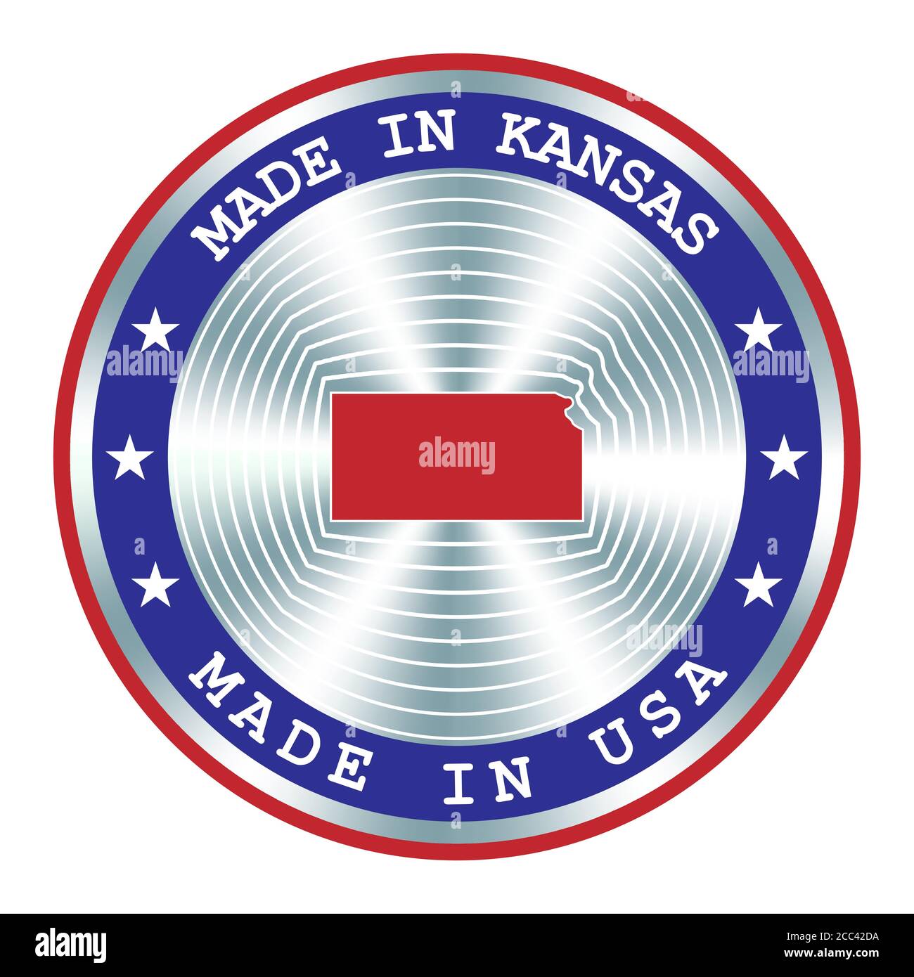 Made in Kansas lokale Produktion Schild, Aufkleber, Siegel, Stempel. Rundes Hologramm-Schild für Etikettendesign und nationales USA-Marketing Stock Vektor