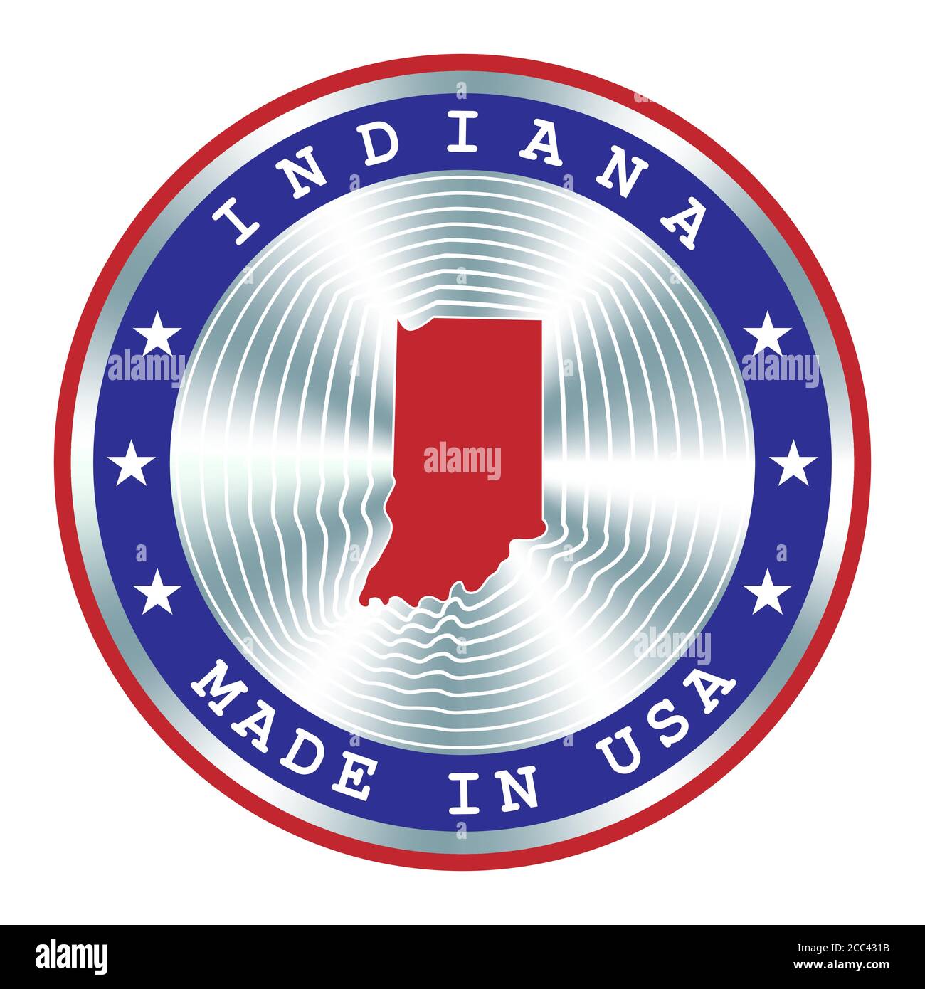 Hergestellt in Indiana lokale Produktion Schild, Aufkleber, Siegel, Stempel. Rundes Hologramm-Schild für Etikettendesign und nationales USA-Marketing Stock Vektor
