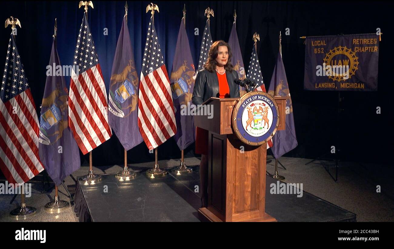 In diesem Bild aus dem Video-Feed der Demokratischen Nationalversammlung macht Gouverneur Gretchen Whitmer (Demokrat von Michigan) am Montag, den 17. August 2020, Bemerkungen zur ersten Nacht der Konvention.Quelle: Democratic National Convention via CNP /MediaPunch Stockfoto