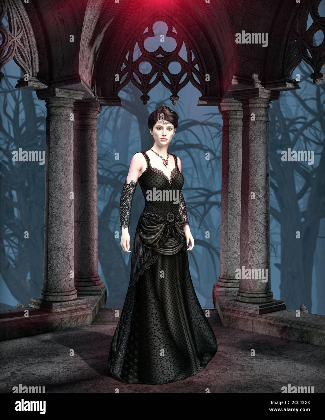 Die dunkle und geheimnisvolle Prinzessin der Finsternis, eine perfekte brütende und dunkle Gothic-Vampir-Frau, Drop-Dead elegante Verführerin, 3d Render. Stockfoto