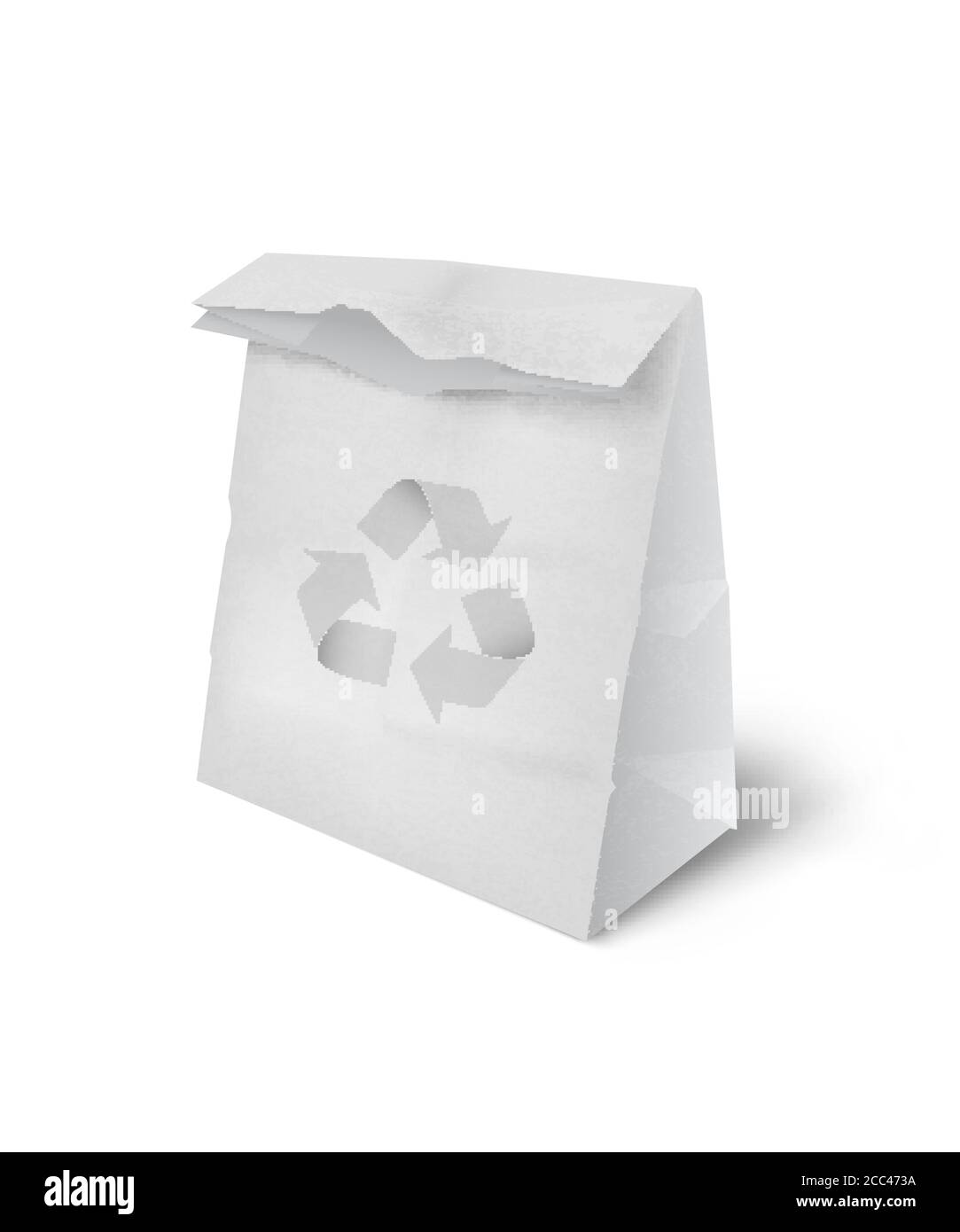 3D realistische weiße Papiertasche mit Recycling-Zeichen für Lebensmittel, Snacks oder Einkaufen. Leere Vektor Werbung Design Element Vorlage für bewusst Stock Vektor