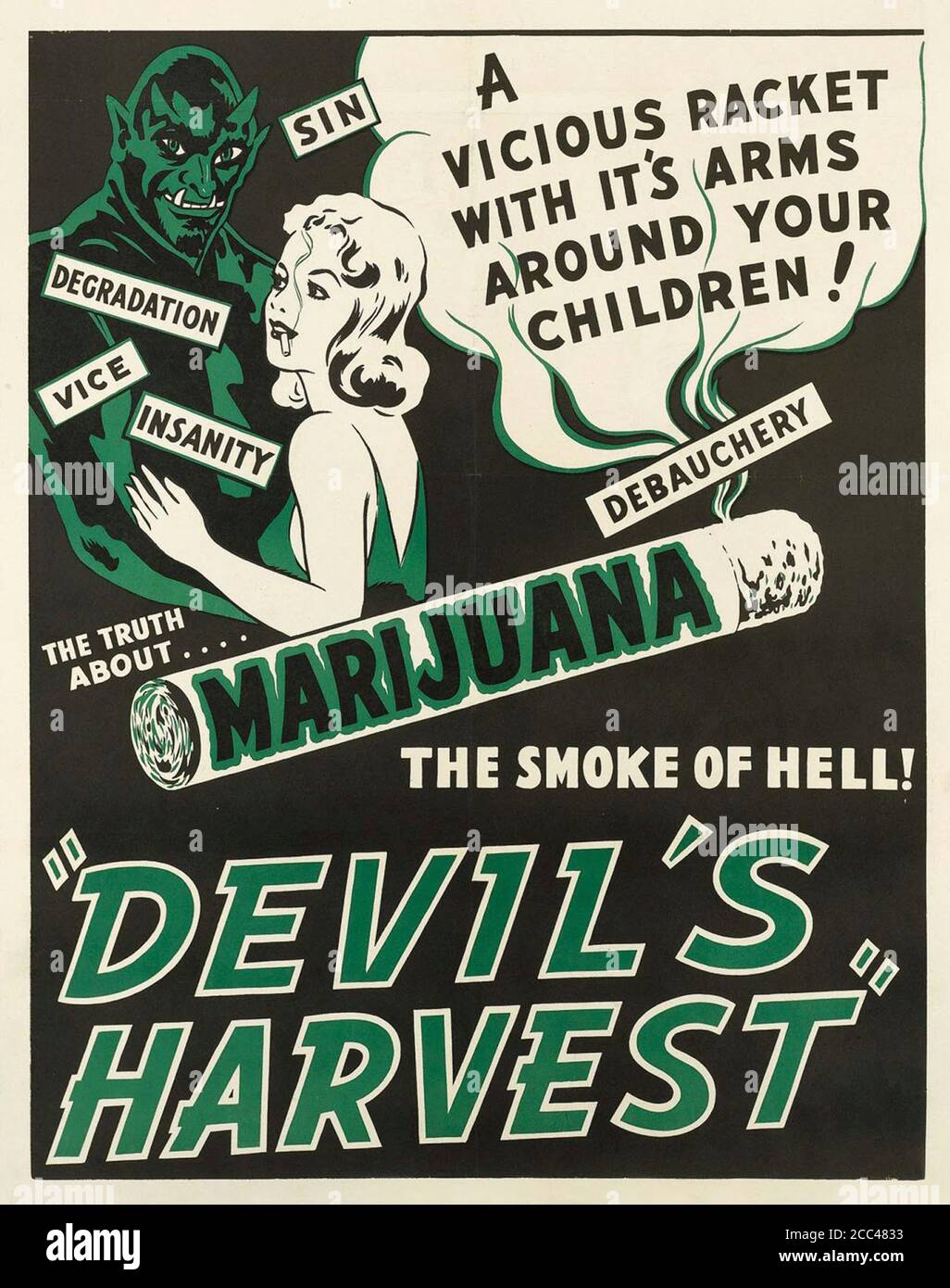 Anti-Unkraut-Filmposter im Retro-Stil. Teufelsernte. USA, 1942. Stockfoto