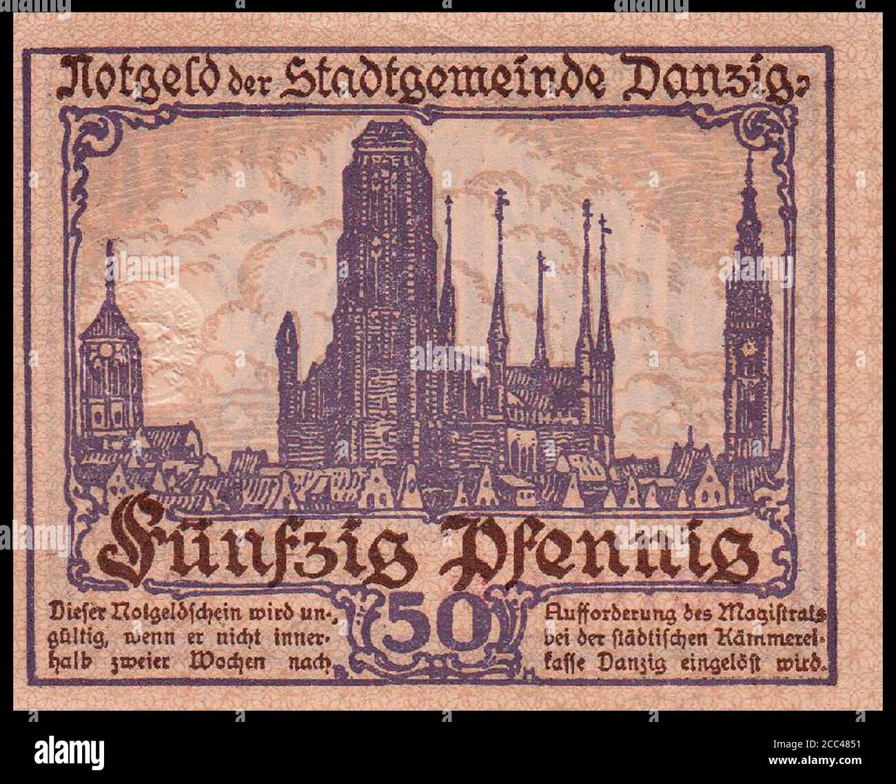 Notgeld-Banknote von Danzig (Stadt). 50 Pfennig. Im Hintergrund konnte man die St. Mary's Church sehen. April 1919 die Freie Stadt Danzig (deutsch Stockfoto