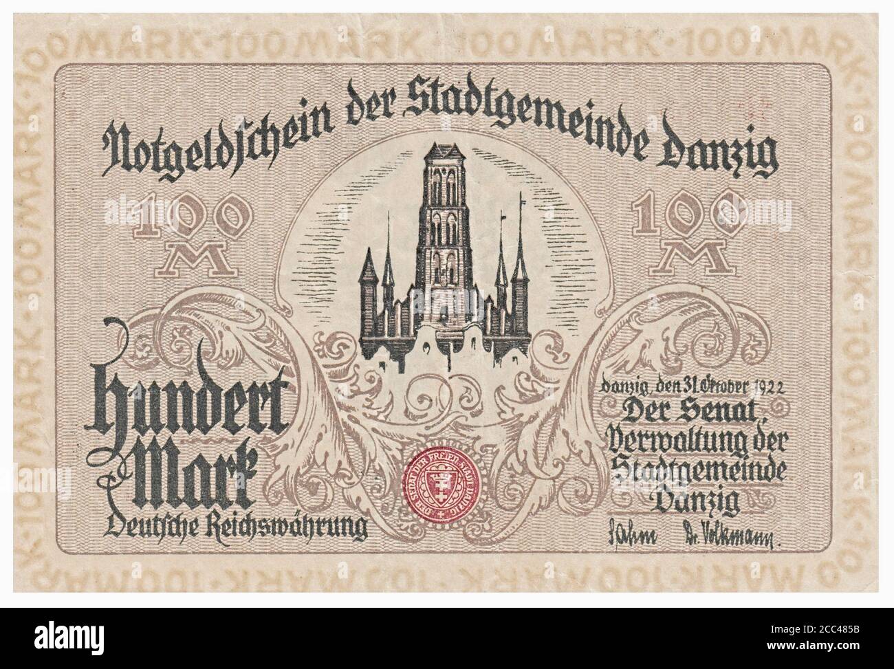 Notgeld-Banknote von Danzig (Stadt). 100 Mark (DM). Im Hintergrund konnte man die St. Mary's Church sehen. 1922 die Freie Stadt Danzig (deutsch: F Stockfoto