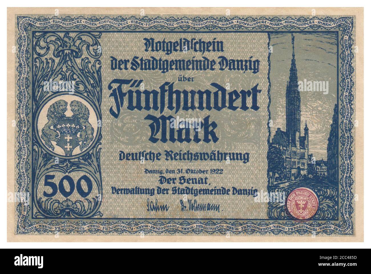 Notgeld-Banknote von Danzig (Stadt). 500 Mark (DM). Im Hintergrund konnte man sehen; lange Brücke mit Krahntor. Oktober 1922 die Freie Stadt Stockfoto