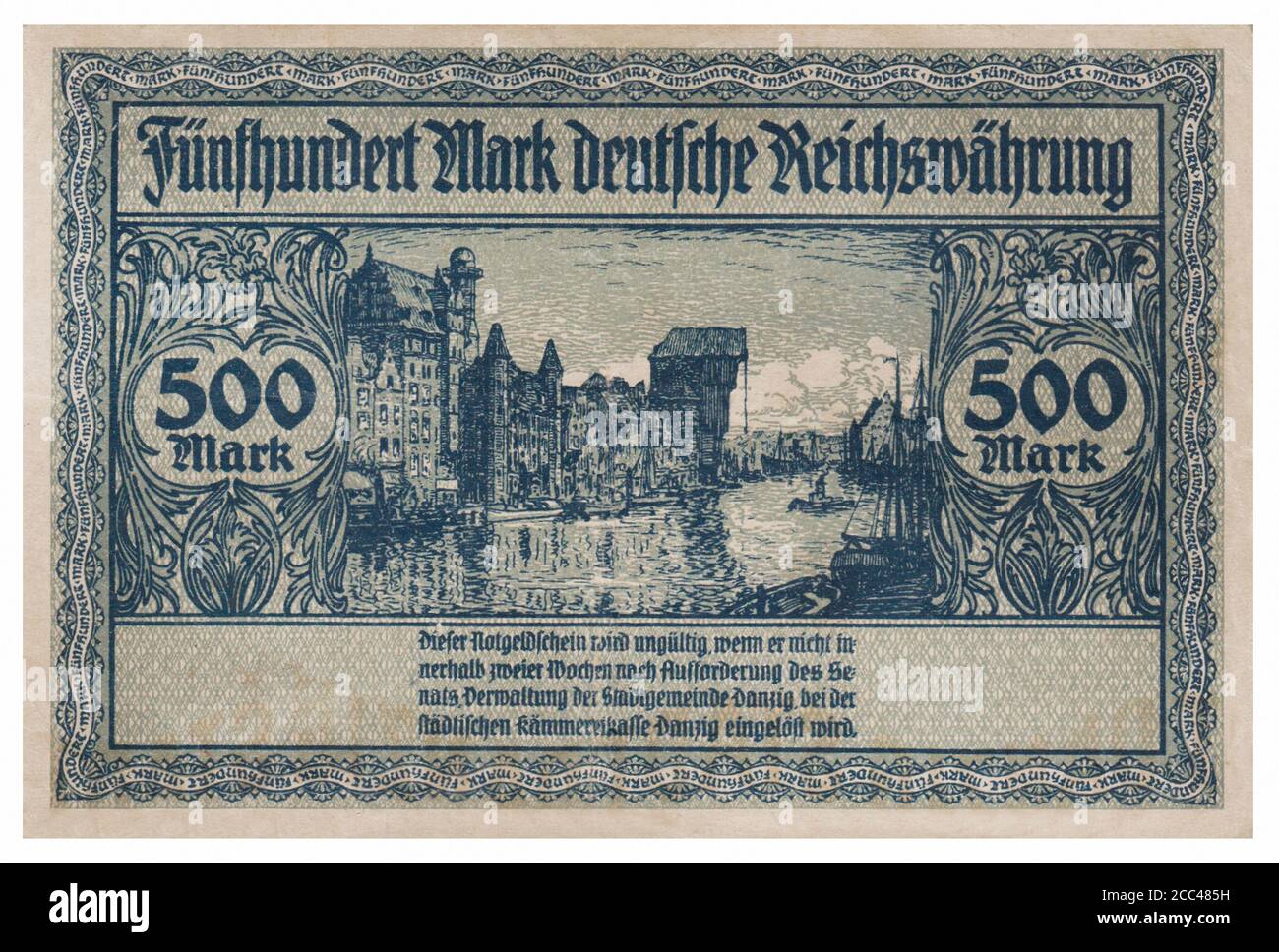 Notgeld-Banknote von Danzig (Stadt). 500 Mark (DM). Im Hintergrund konnte man sehen; lange Brücke mit Krahntor. Oktober 1922 die Freie Stadt Stockfoto
