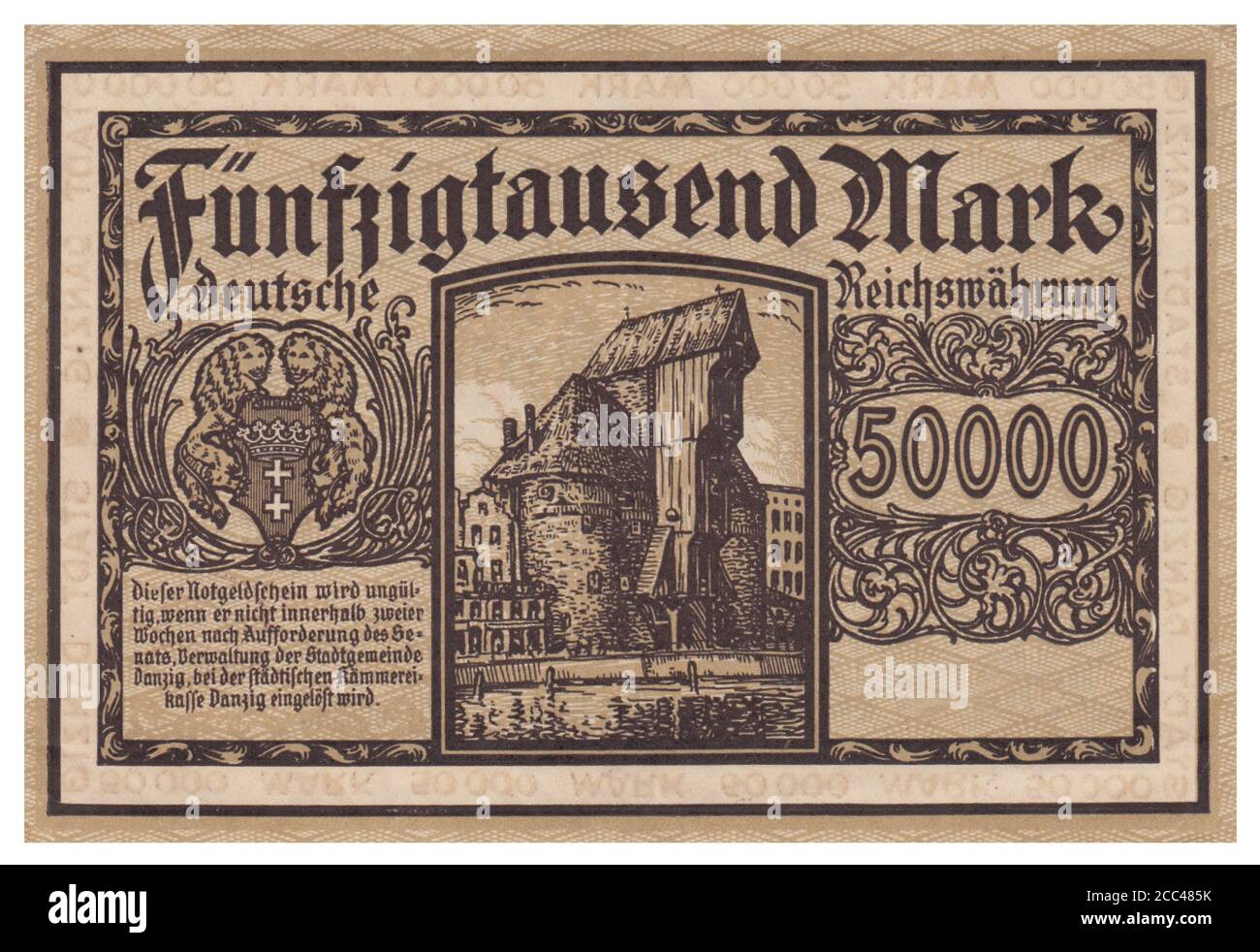 Notgeld-Banknote von Danzig (Stadt). 50000 Mark (DM). Im Hintergrund konnte man sehen; lange Brücke mit Krahntor. Oktober 1922 Die Freie Stadt Stockfoto