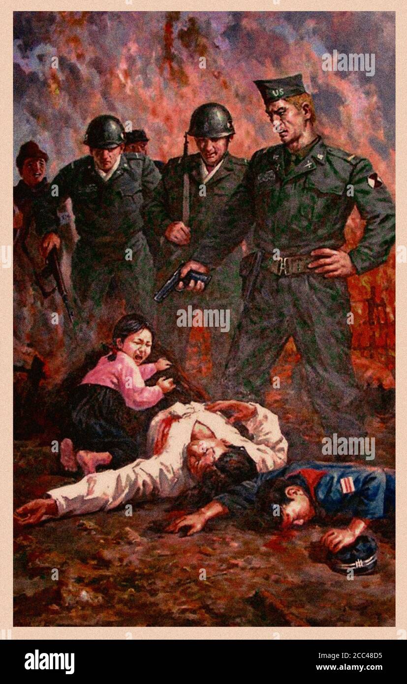 Kommunistische anti-amerikanische Propaganda. Еxtremely aggressives nordkoreanisches Propagandaplakat während des Koreakrieges. Korea. 1950 Stockfoto