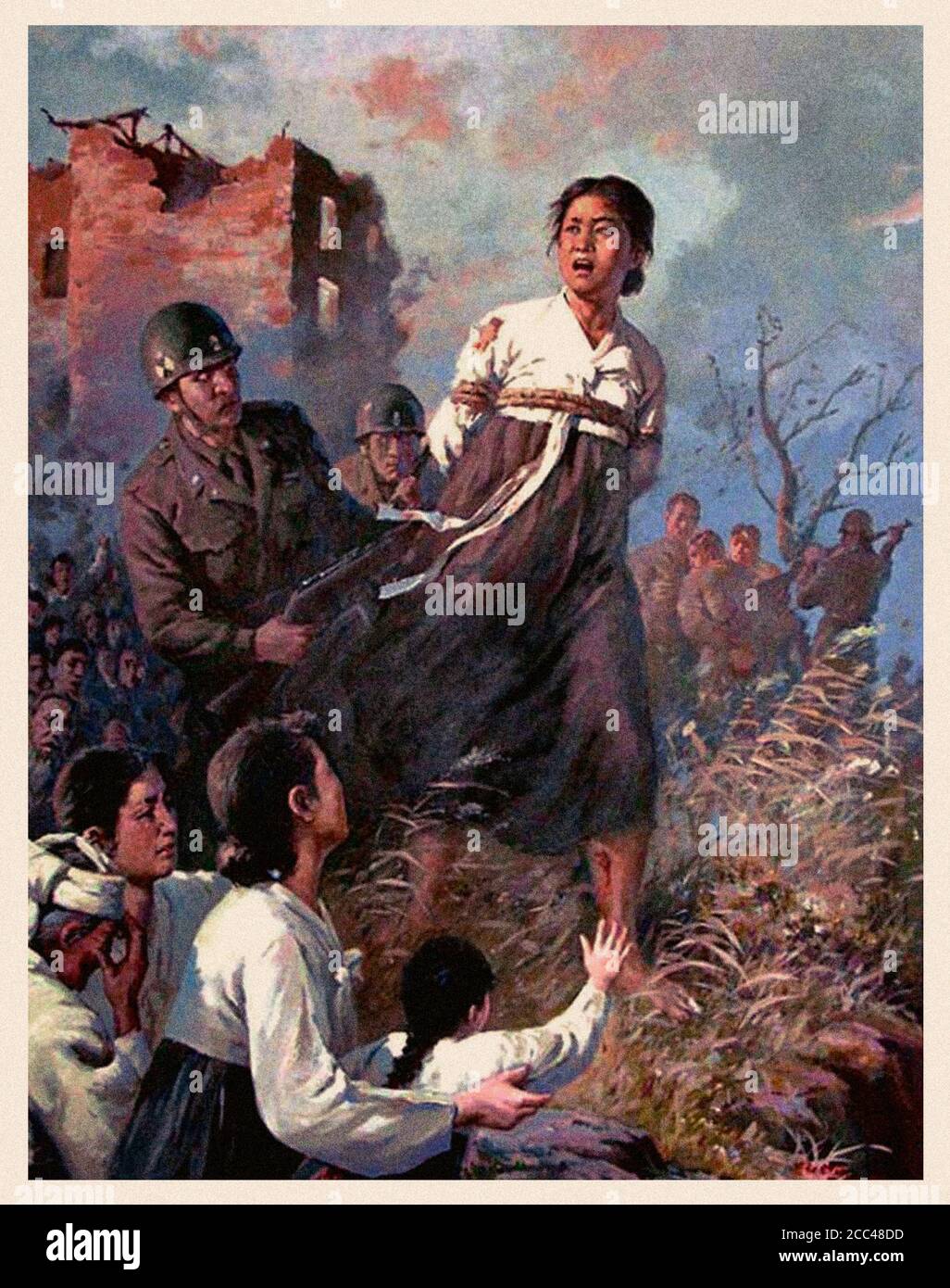 Kommunistische anti-amerikanische Propaganda. Еxtremely aggressives nordkoreanisches Propagandaplakat während des Koreakrieges. Korea. 1950 Stockfoto