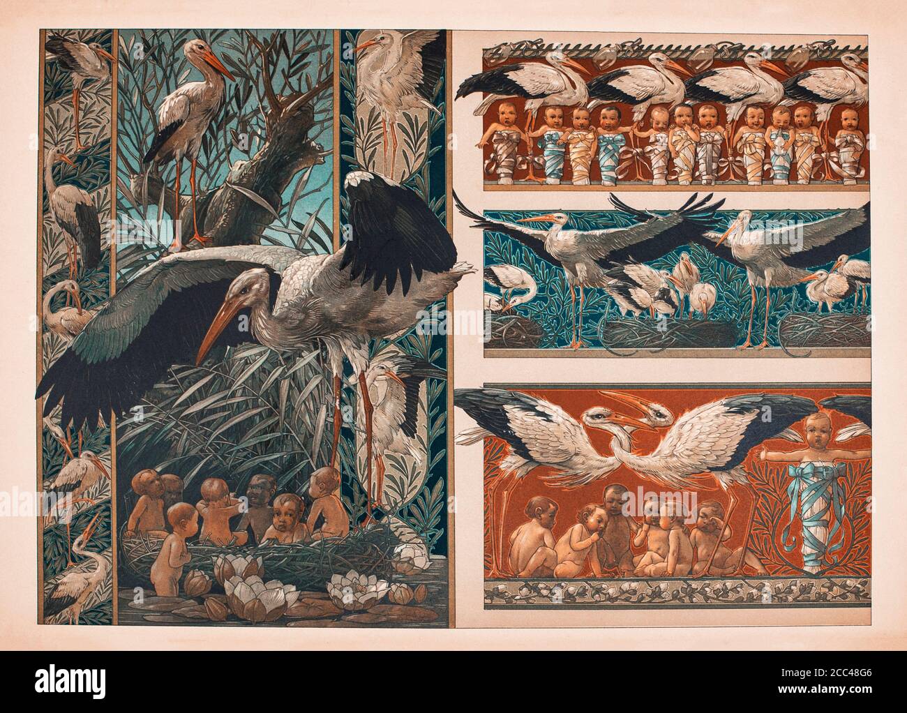 Art Nouveau Lithograph Druck von Anton SEDAR. Tierserie: Kraniche. 1900 Anton Johann Nepomuk Seder (1850 - 1916) war ein deutscher Maler und Dekorateur, Stockfoto
