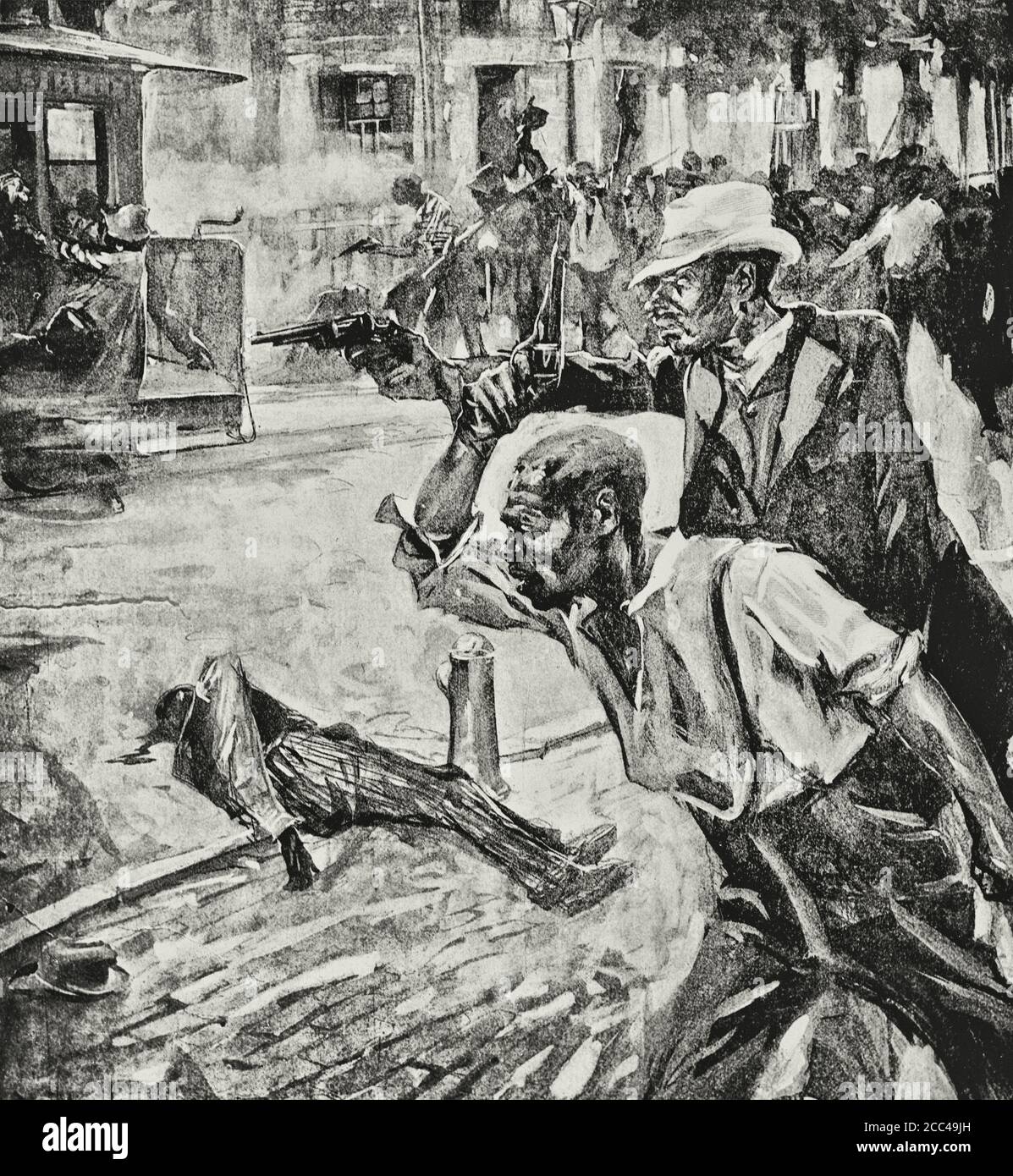 Wilmington, North Carolina race Riot, 1898: Schwarze Männer schießen Handfeuerwaffen auf der Straße (Zeichnung) Stockfoto