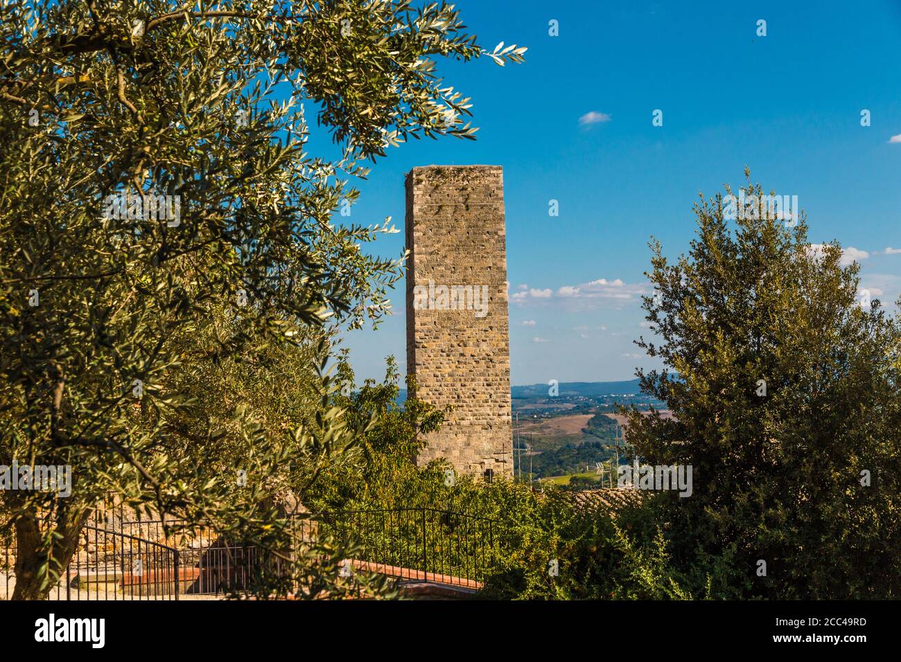 Herrliche Aussicht auf den Torre dei Cugnanesi neben einem Olivenbaum. Der Verteidigungsturm ist von dem von La Rocca umgebenen, orchegartenartigen öffentlichen Garten aus gesehen... Stockfoto