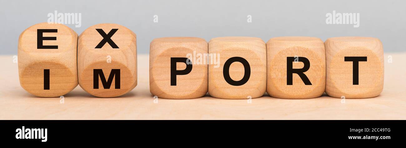 Export und Import gedruckt auf Würfel Stockfoto