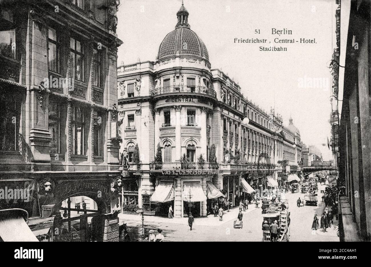 Retro-Postkarte von Berlin. Zentral Gelegenes Hotel, Friedrichstraße. Kaiserliches Deutschland, Anfang des 20. Jahrhunderts Stockfoto