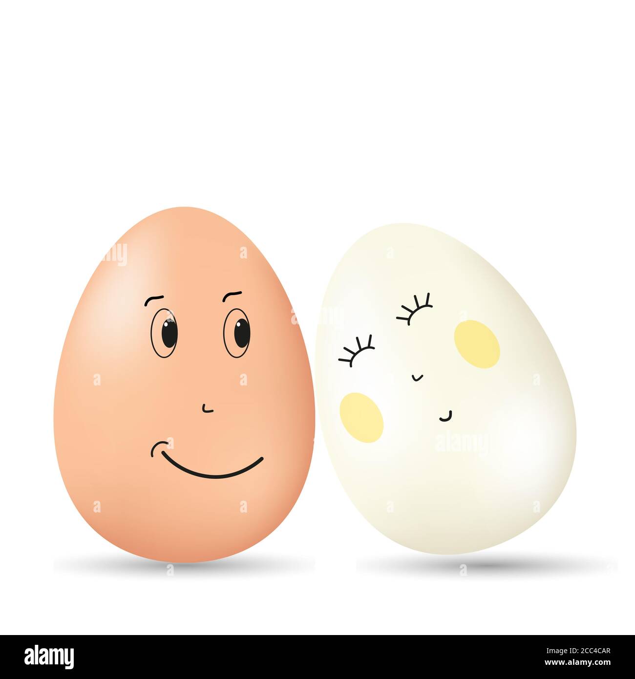 Abbildung von Eiern mit niedlichen Gesichtern auf weißem Hintergrund - Konzept des Ostertages Stockfoto