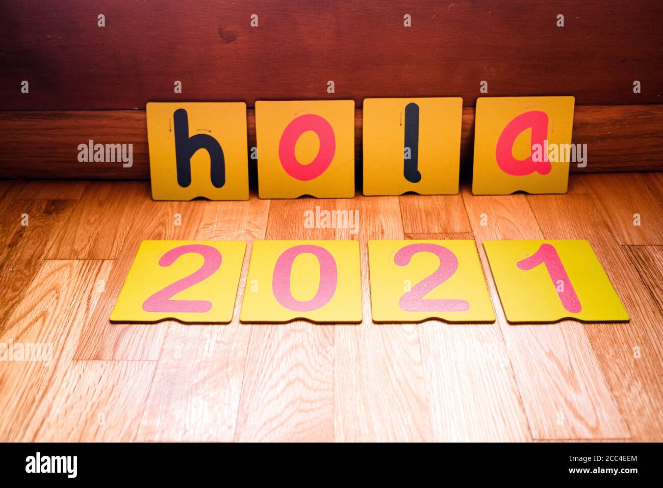 Neujahr Gruß 2021 auf Spanisch mit dem Wort Hallo. Stockfoto