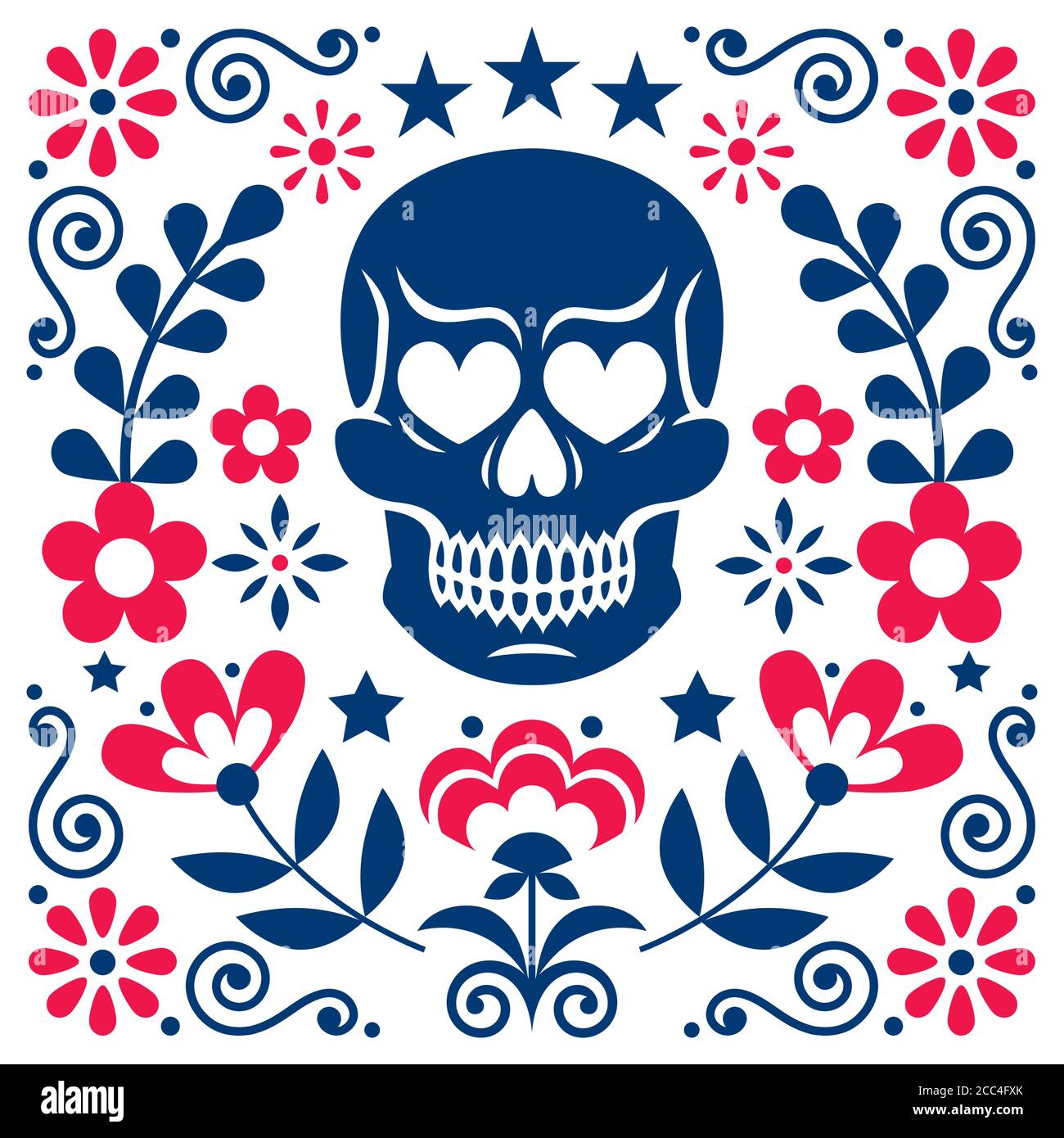 Mexikanischer Totenkopf und Blumen Vektor Design, Halloween und Day of the Dead Dekoration - Folk Art Stil Stock Vektor