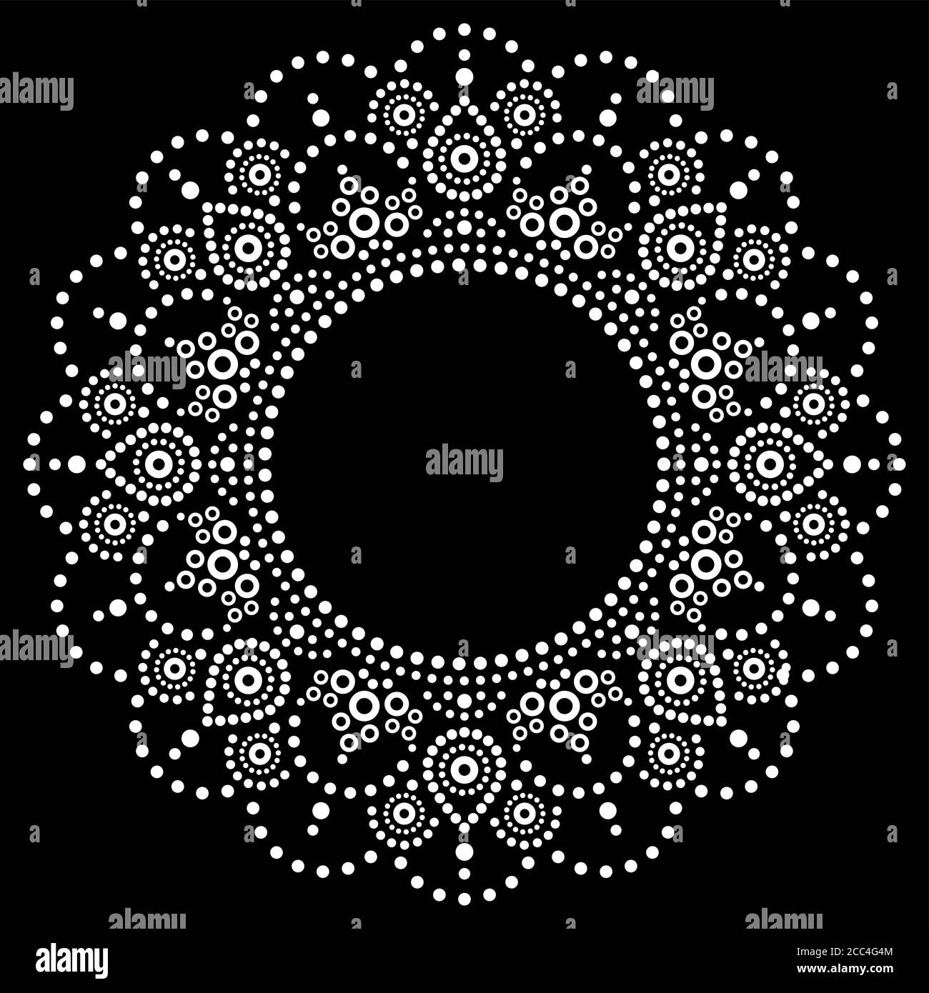 Mandala Aboriginal Dot Painting Tribal Vektor Design, Boho Stil Australian Dot Art Muster in weiß auf schwarz Stock Vektor