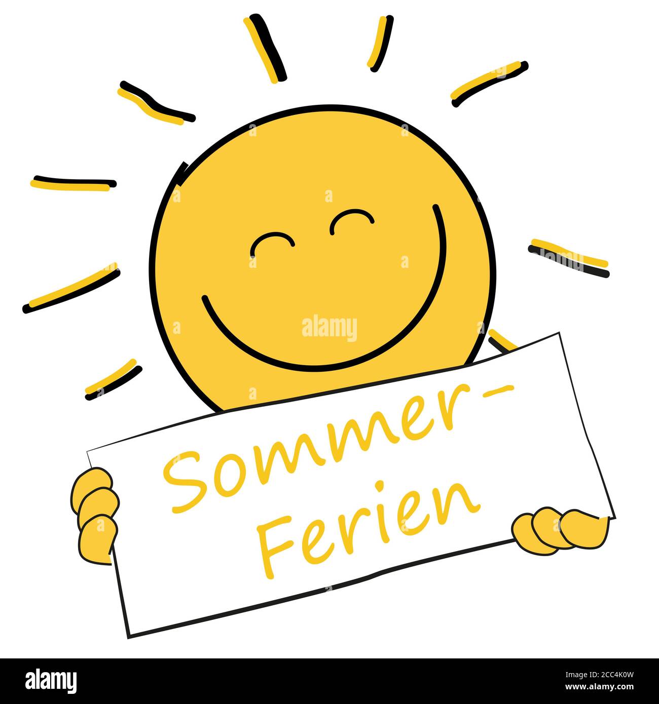 Illustration einer lächelnden Sonne mit einem Banner mit Sommer Urlaub