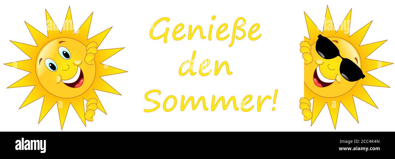 Illustration von zwei lächelnden Sonnen mit einem Banner mit genießen Der Sommer in deutscher Sprache Stockfoto