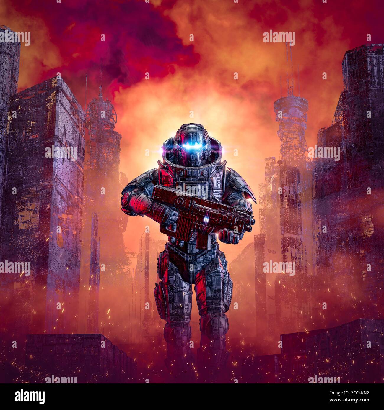 Cyberpunk Soldat Stadt Kriegsführung / 3D-Illustration von Science Fiction Militärische Roboter Krieger patrouillieren Krieg zerrissenen dystopischen Straßen Stockfoto
