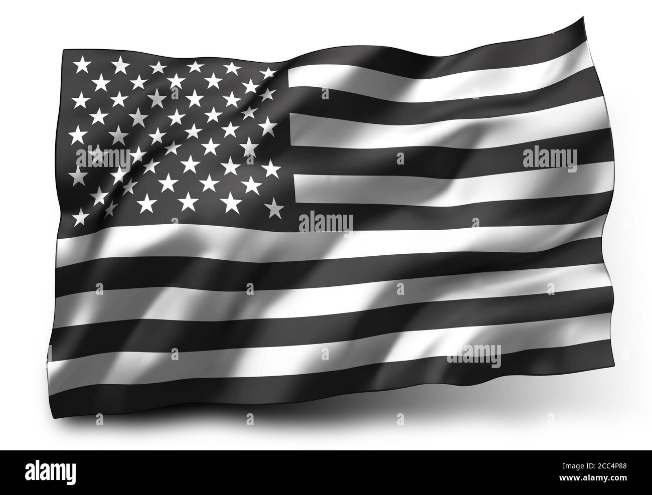 Schwarze Leben Materie Flagge weht in den Wind. Gestreifte schwarz-weiße USA-Flugfahne, isoliert auf weißem Hintergrund. 3D-Illustration. Stockfoto